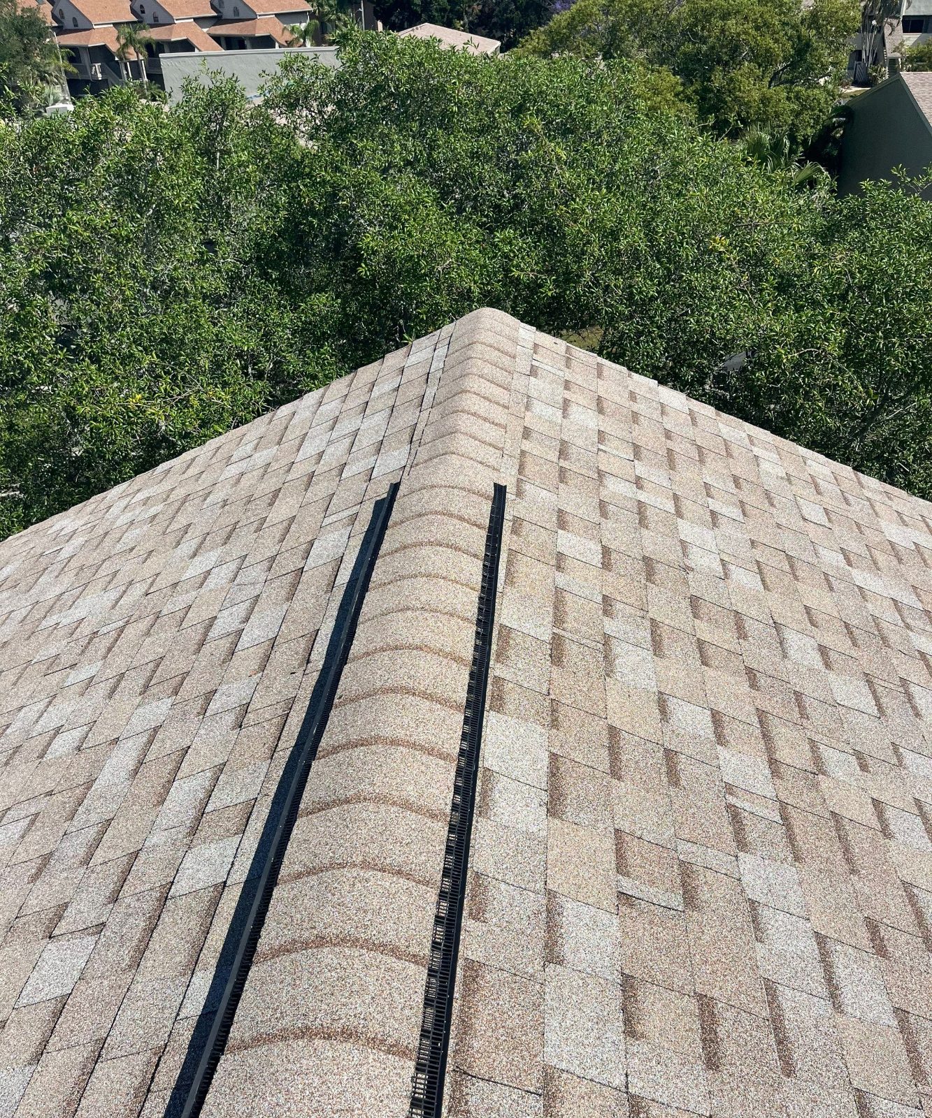 New ridge vent on a finished roof replacement in Tarpon Springs FL